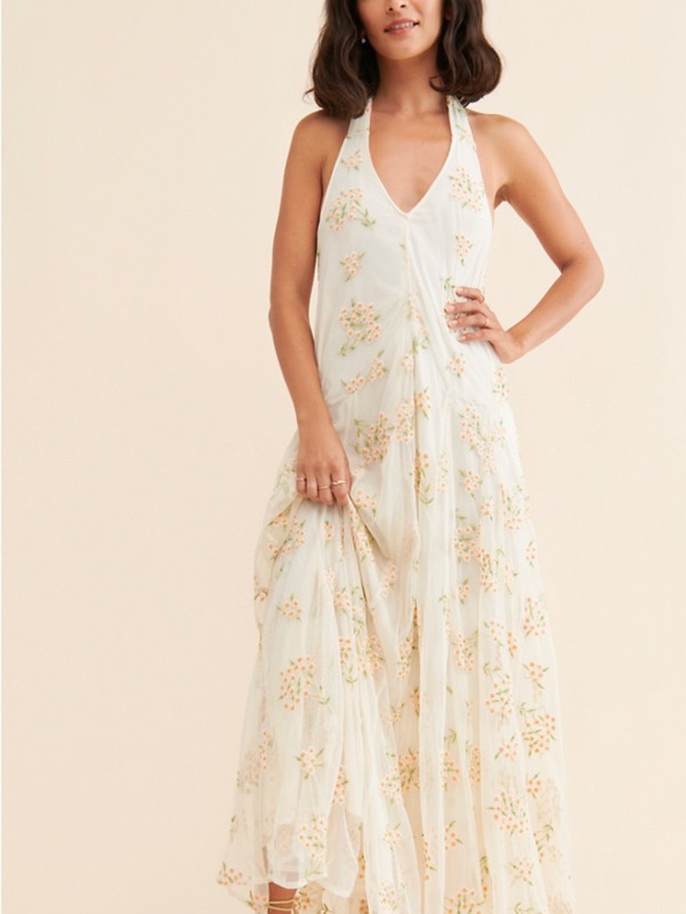 Free People Ivory Embroidered Halter Maxi Dress